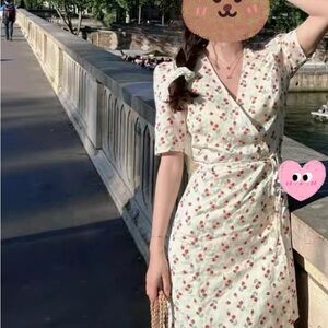 Rouje Cream Strawberry-Print Midi Wrap Dress